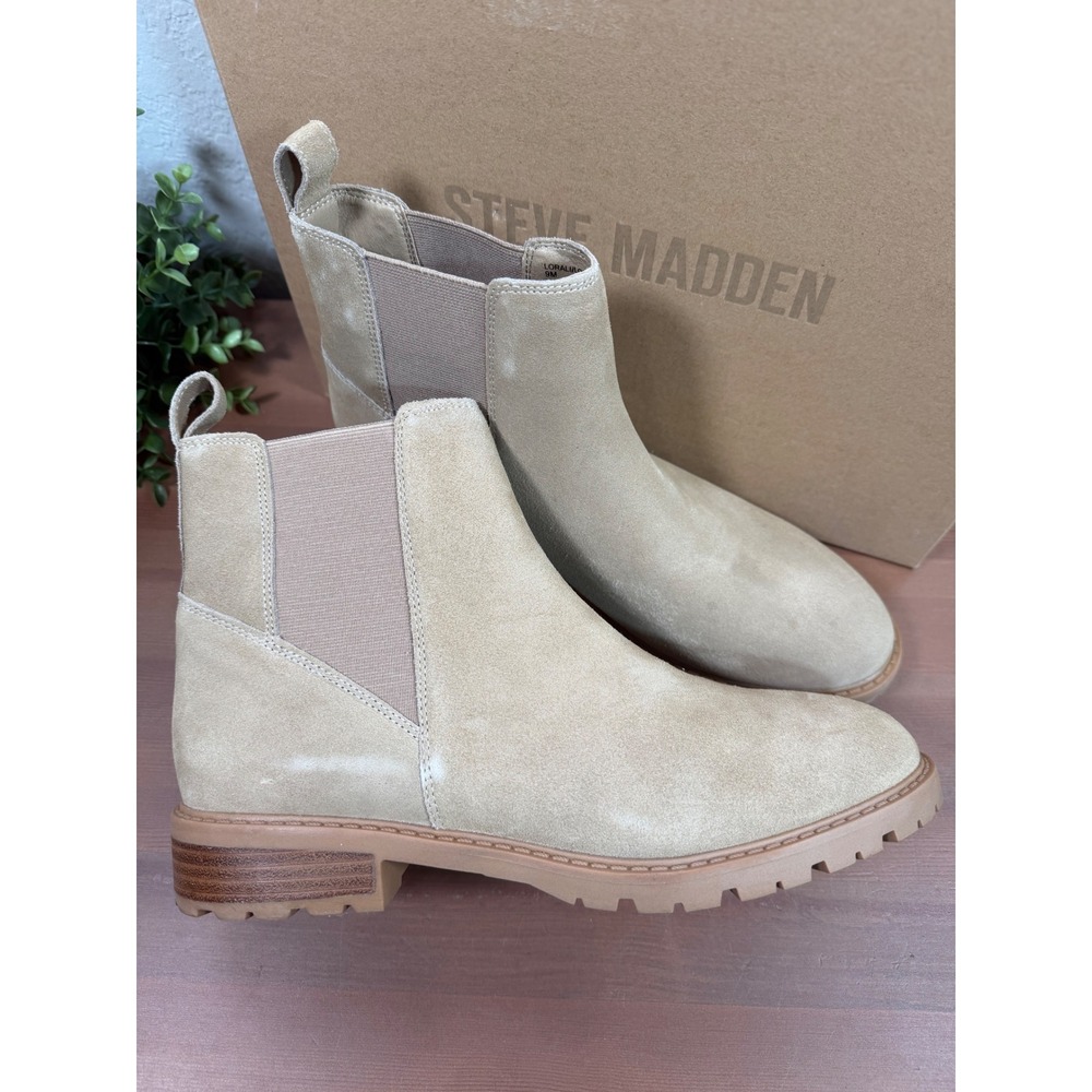 Steve Madden Womens Lorali Tan Suede Lug Sole Chelsea Boot Size 9